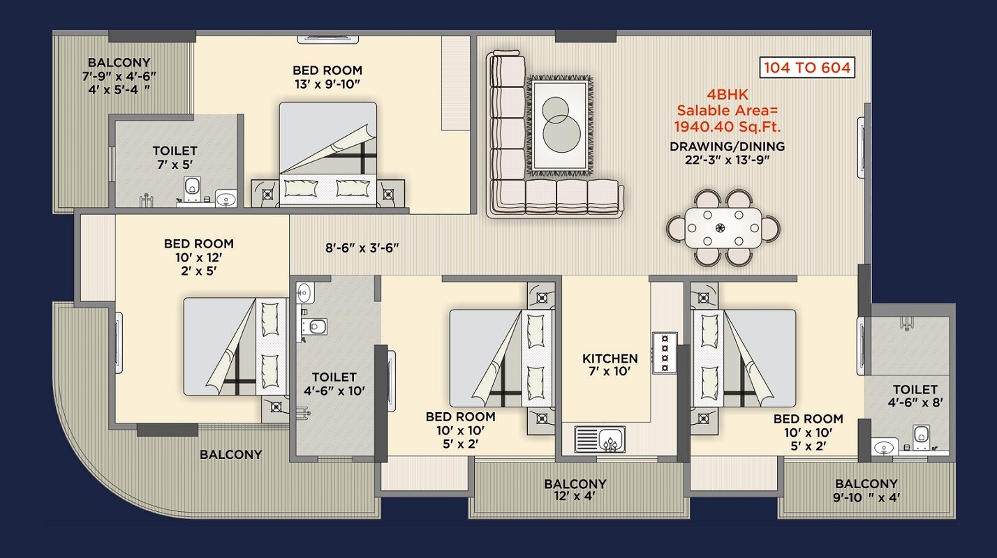 Floor plan of 4 BHK 1940 Sq. Ft. Apartment in Rameshwaram RR Pallacia, Jaipur