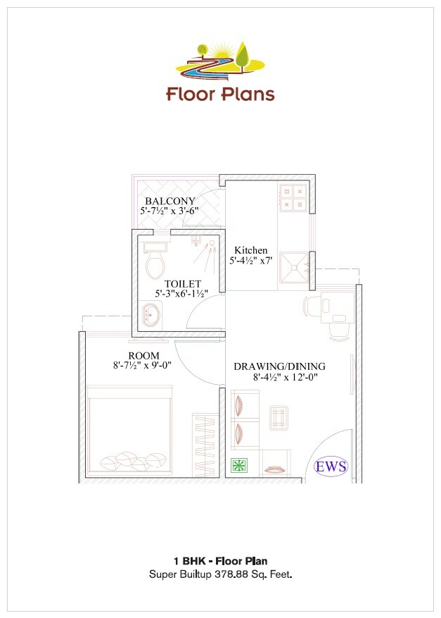 Floor plan of 1 BHK 379 Sq. Ft. Apartment in Ravi Riverfront Homes, Jaipur