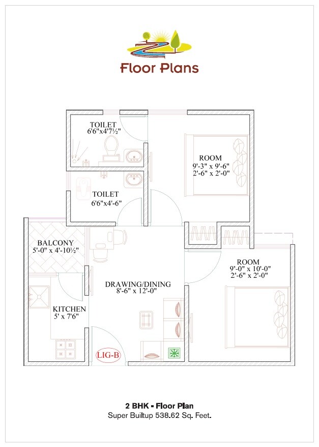 Floor plan of 2 BHK 539 Sq. Ft. Apartment in Ravi Riverfront Homes, Jaipur