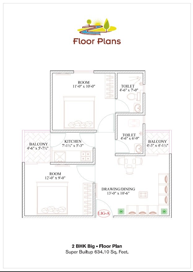Floor plan of 2 BHK 634 Sq. Ft. Apartment in Ravi Riverfront Homes, Jaipur