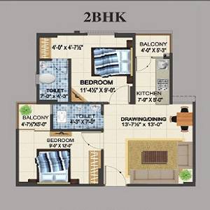 Floor plan of 2 BHK Apartment - 682 sq. ft. in Real Avani Homes, Jaipur