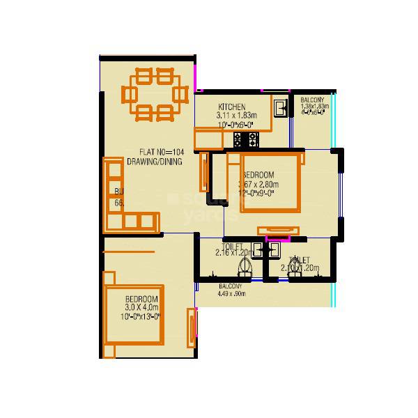 Floor plan of 2 BHK 576 Sq. Ft. Apartment in Realdream Krishna Kunj Apartments, Jaipur