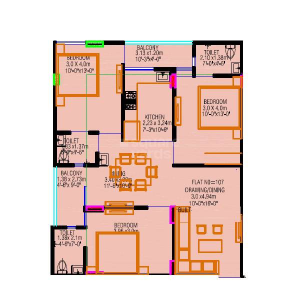 Floor plan of 3 BHK 695 Sq. Ft. Apartment in Realdream Krishna Kunj Apartments, Jaipur