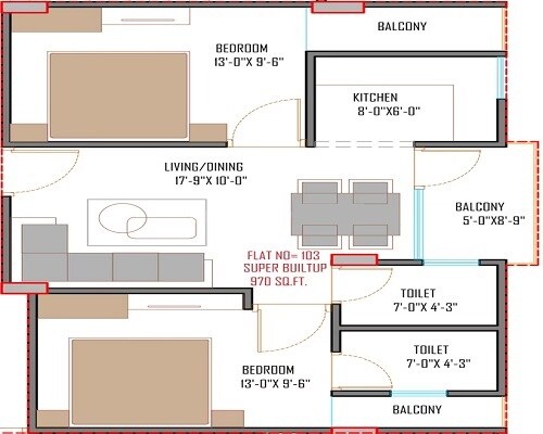 Floor plan of 2 BHK 534 Sq. Ft. Apartment in Redwood Avalon, Jaipur