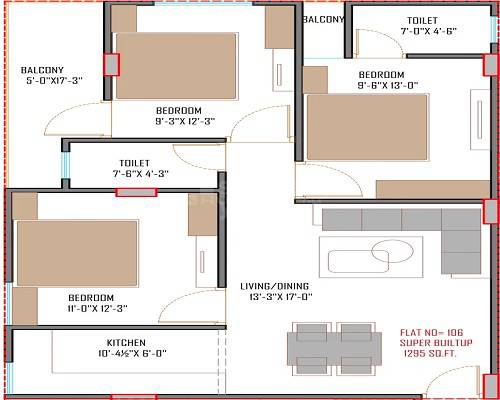 Floor plan of 3 BHK 760 Sq. Ft. Apartment in Redwood Avalon, Jaipur
