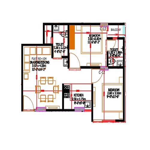 Floor plan of 2 BHK Apartment - 524 sq. ft. in Redwood Zion, Jaipur