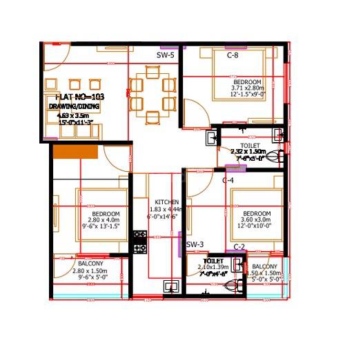 Floor plan of 3 BHK Apartment - 743 sq. ft. in Redwood Zion, Jaipur
