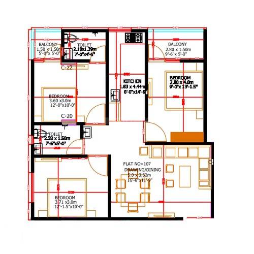 Floor plan of 3 BHK Apartment - 803 sq. ft. in Redwood Zion, Jaipur