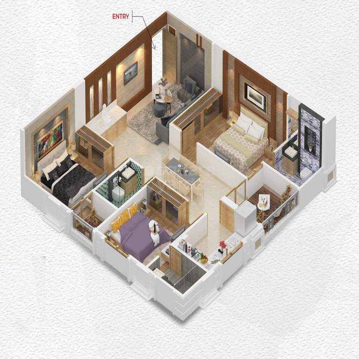 Floor plan of 3 BHK 1002 Sq. Ft. Apartment in Regenta Ummaid Elegance, Jaipur