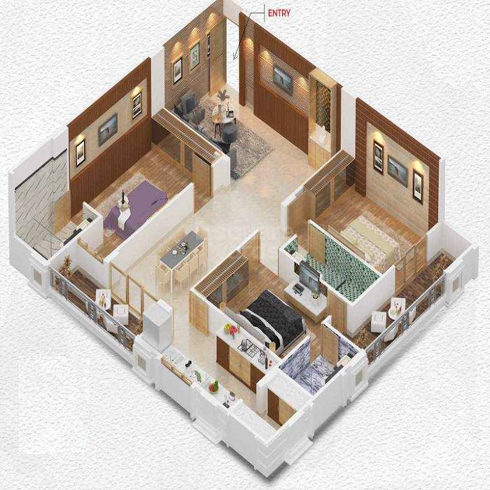 Floor plan of 3 BHK 1327 Sq. Ft. Apartment in Regenta Ummaid Elegance, Jaipur