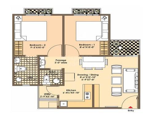 Floor plan of 2 BHK 430 Sq. Ft. Apartment in Ashadeep Rudraksh, Jaipur