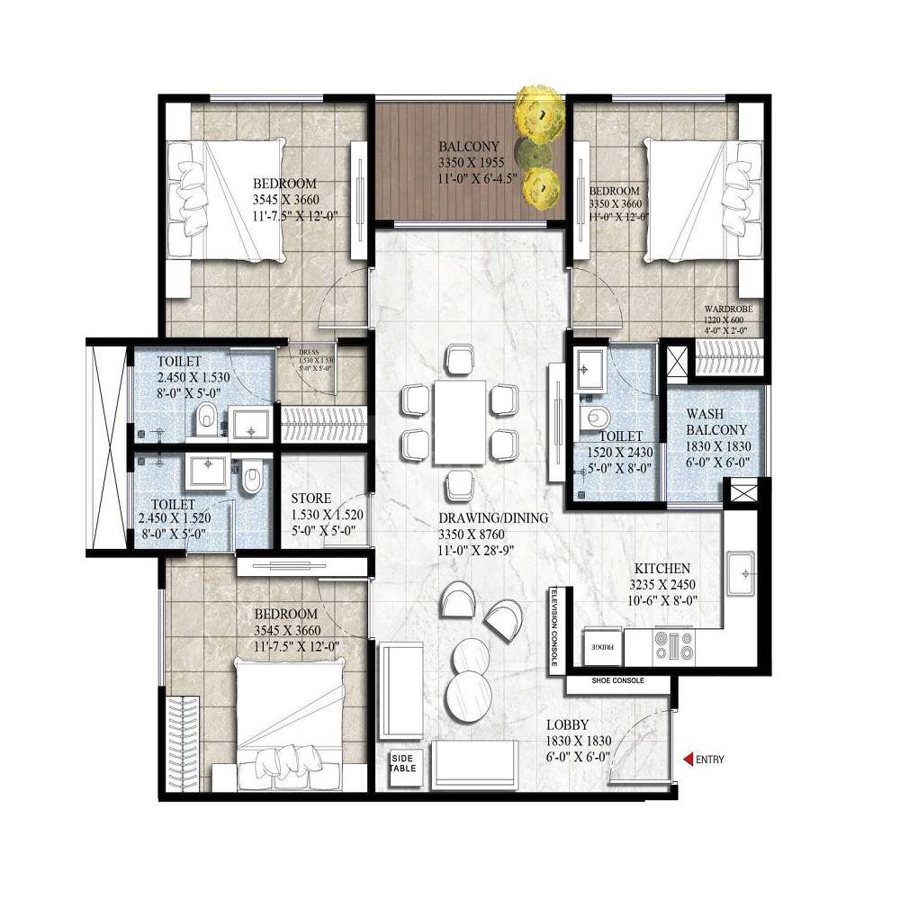 Floor plan of 3 BHK 1070 Sq. Ft. Apartment in RHB Greenwood Horizon, Jaipur