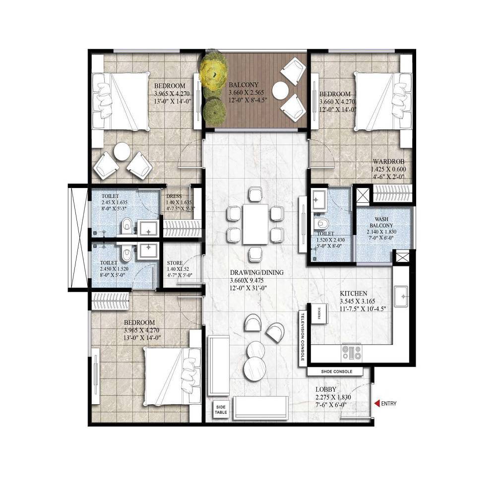 Floor plan of 3 BHK 1297 Sq. Ft. Apartment in RHB Greenwood Horizon, Jaipur