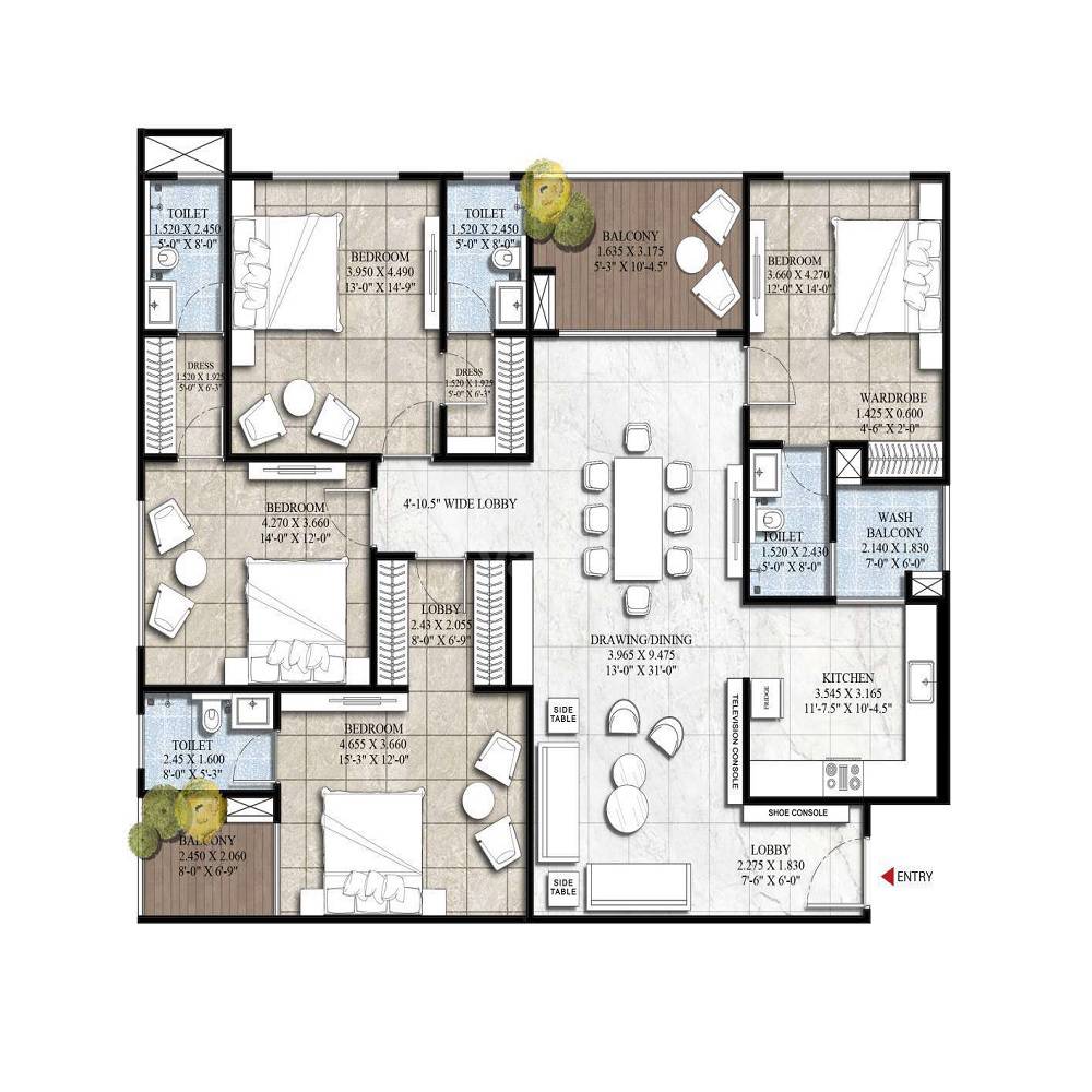 Floor plan of 4 BHK 1694 Sq. Ft. Apartment in RHB Greenwood Horizon, Jaipur