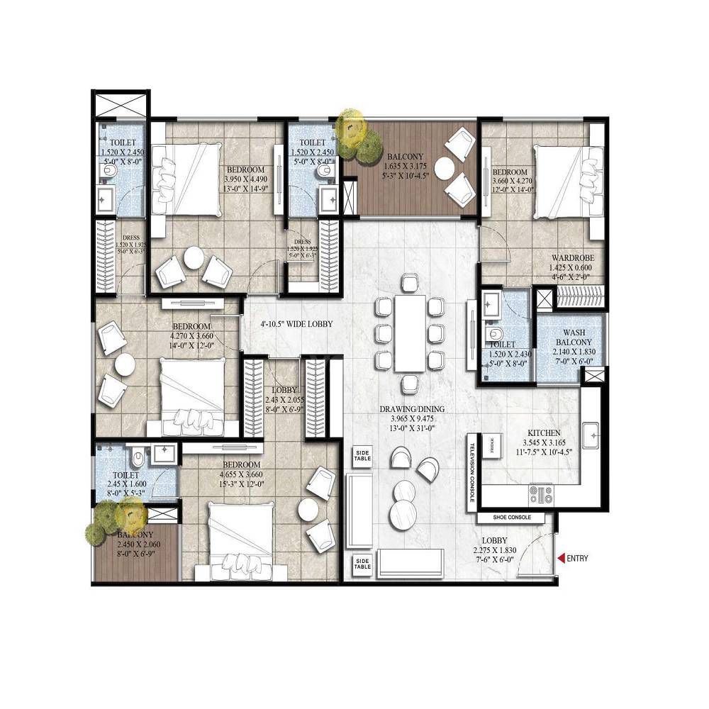 Floor plan of 4 BHK 1694 Sq. Ft. Apartment in RHB Greenwood Iconic, Jaipur
