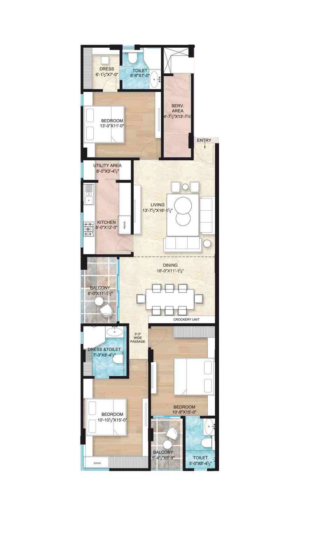 Floor plan of 3 BHK 1207 Sq. Ft. Apartment in Ridhiraj North 7, Jaipur