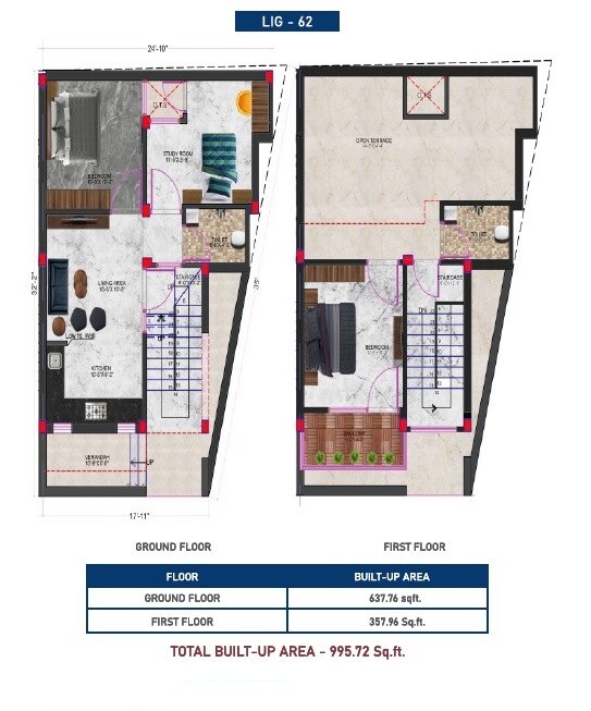 Floor plan of 3 BHK 995 Sq. Ft. Villa in Riyasat The Ring Residency, Jaipur