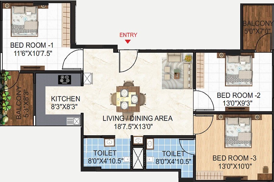 Floor plan of 3 BHK 832 Sq. Ft. Apartment in RK City Palm, Jaipur