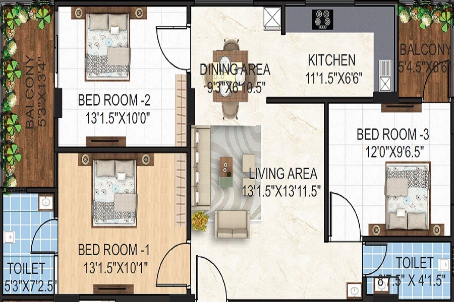 Floor plan of 3 BHK 852 Sq. Ft. Apartment in RK City Palm, Jaipur