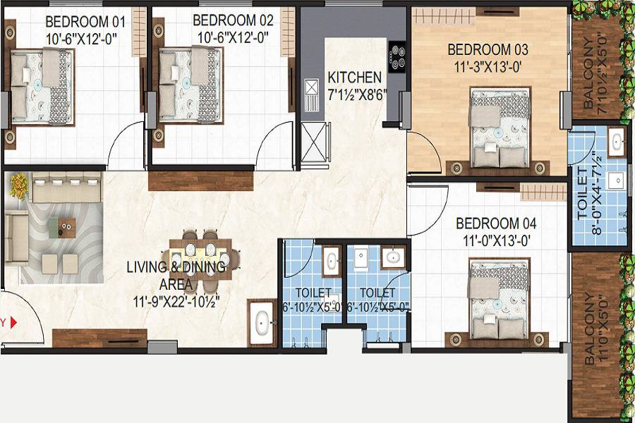 Floor plan of 4 BHK 1104 Sq. Ft. Apartment in RK City Palm, Jaipur
