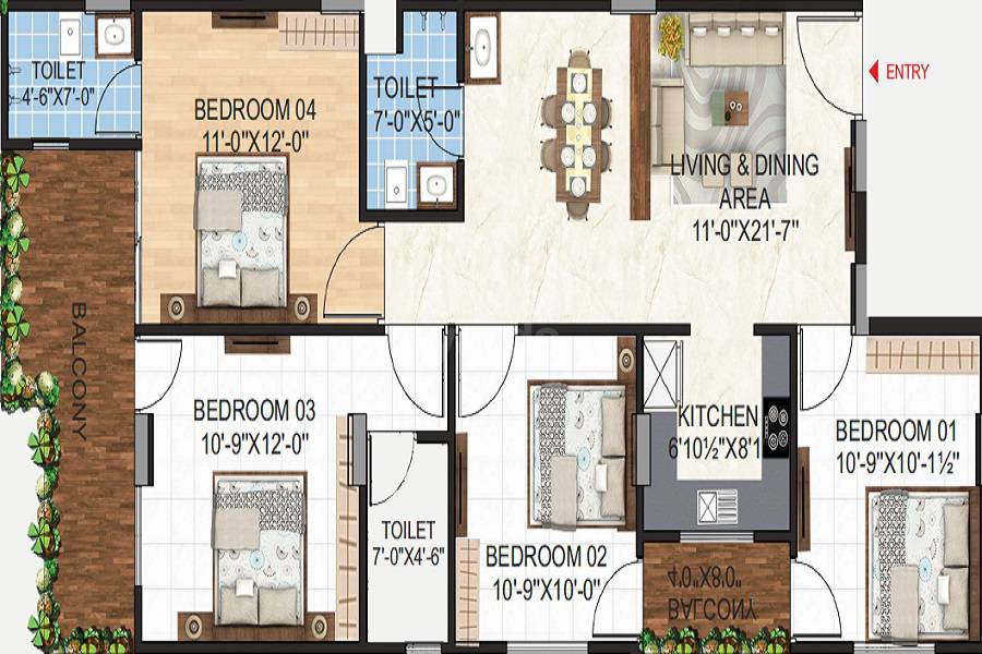 Floor plan of 4 BHK 965 Sq. Ft. Apartment in RK City Palm, Jaipur