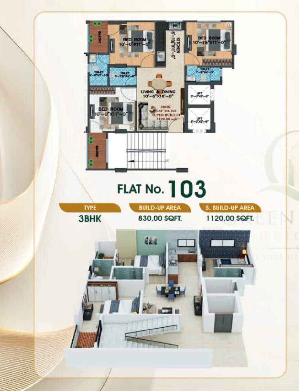 Floor plan of 3 BHK 1120 Sq. Ft. Apartment in RK Green Valley Heights, Jaipur