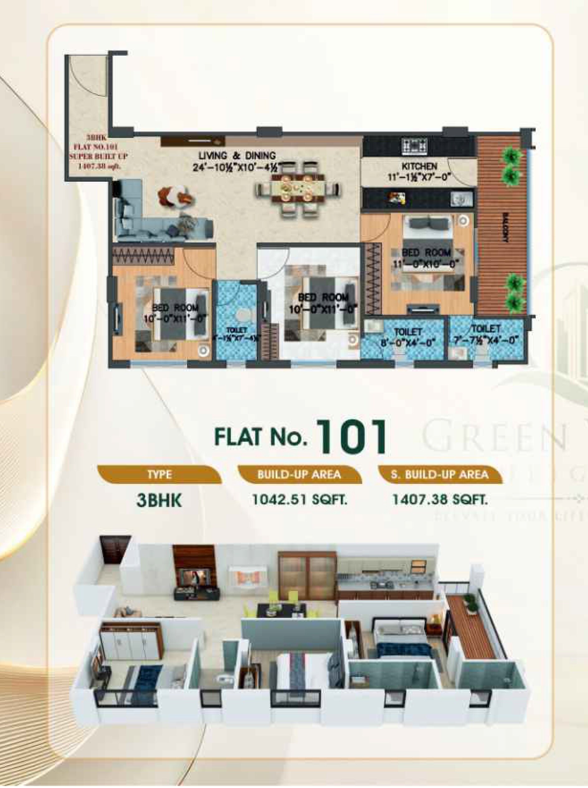 Floor plan of 3 BHK 1407 Sq. Ft. Apartment in RK Green Valley Heights, Jaipur
