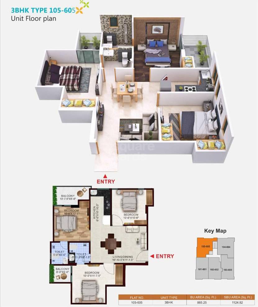 Floor plan of 3 BHK 1125 Sq. Ft. Apartment in RK Residency Jagdamba Nagar, Jaipur