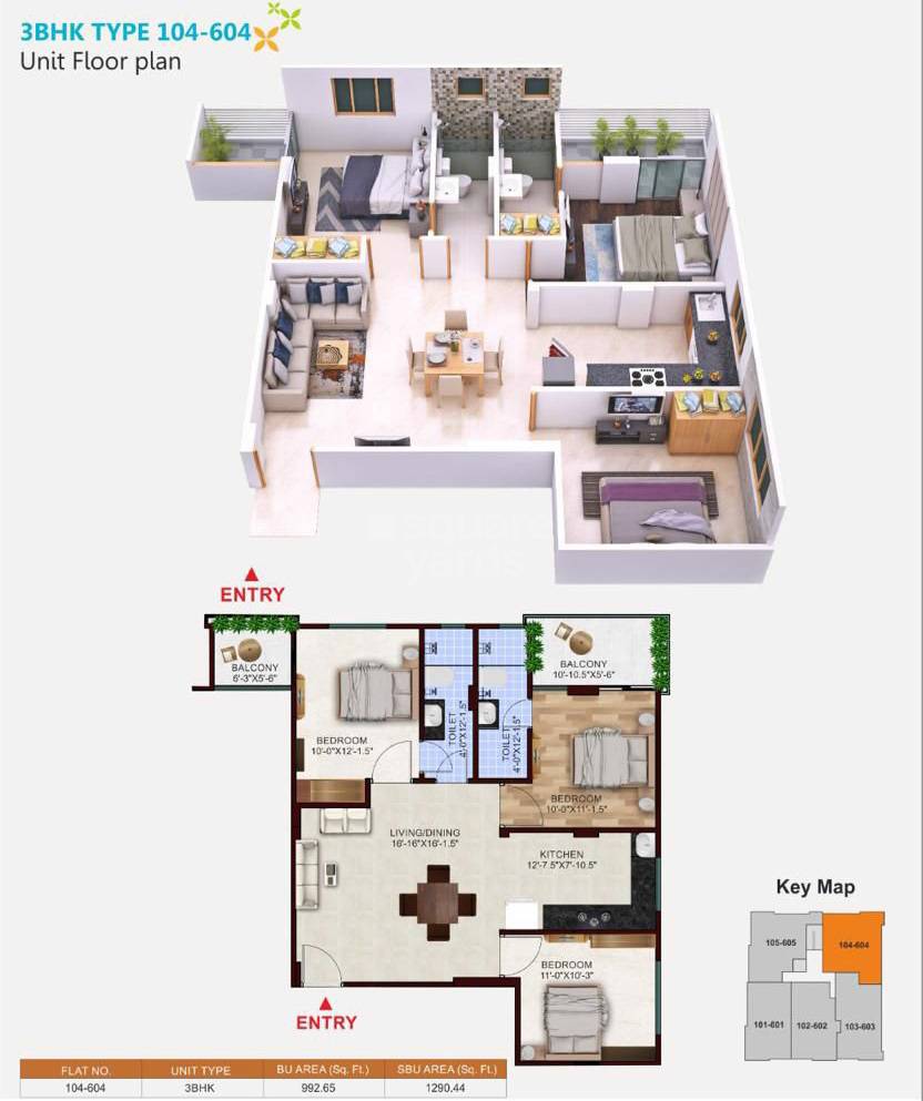 Floor plan of 3 BHK 1290 Sq. Ft. Apartment in RK Residency Jagdamba Nagar, Jaipur