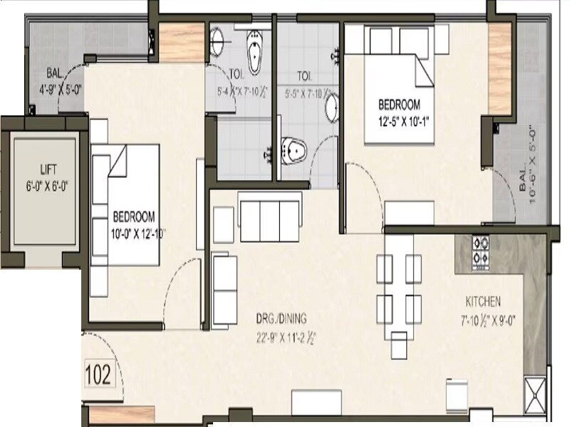 Floor plan of 2 BHK 646 Sq. Ft. Apartment in RM Heights Mansarovar, Jaipur