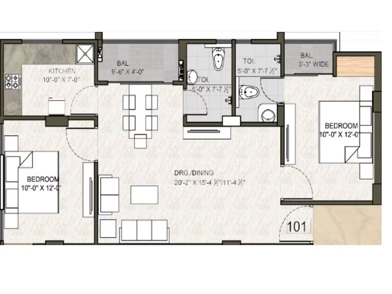 Floor plan of 2 BHK 716 Sq. Ft. Apartment in RM Heights Mansarovar, Jaipur