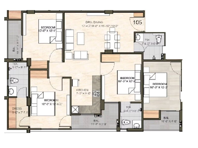 Floor plan of 3 BHK 909 Sq. Ft. Apartment in RM Heights Mansarovar, Jaipur