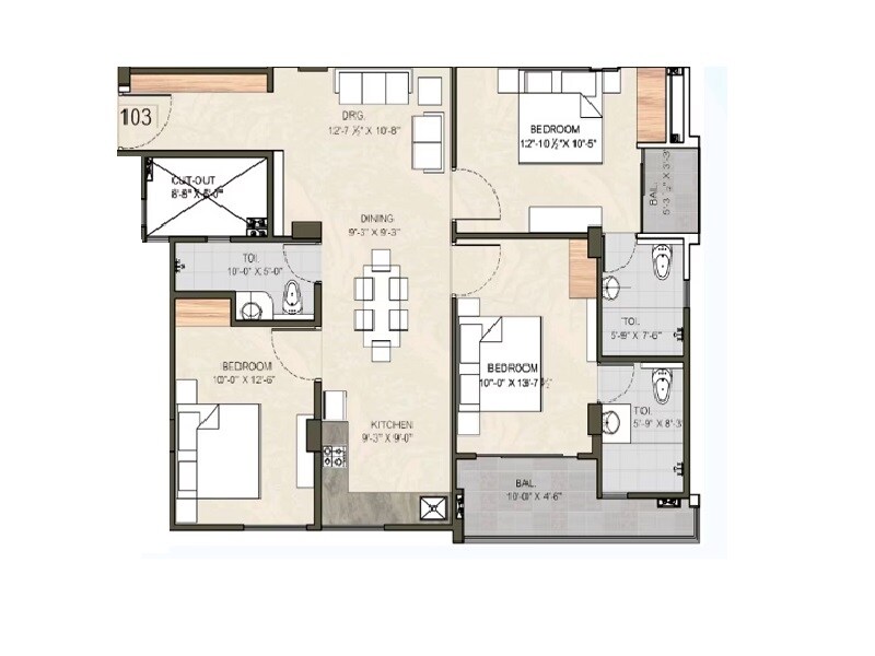 Floor plan of 3 BHK 925 Sq. Ft. Apartment in RM Heights Mansarovar, Jaipur