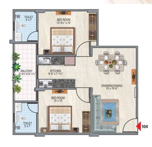 2 BHK 632 Sq. Ft. Apartment