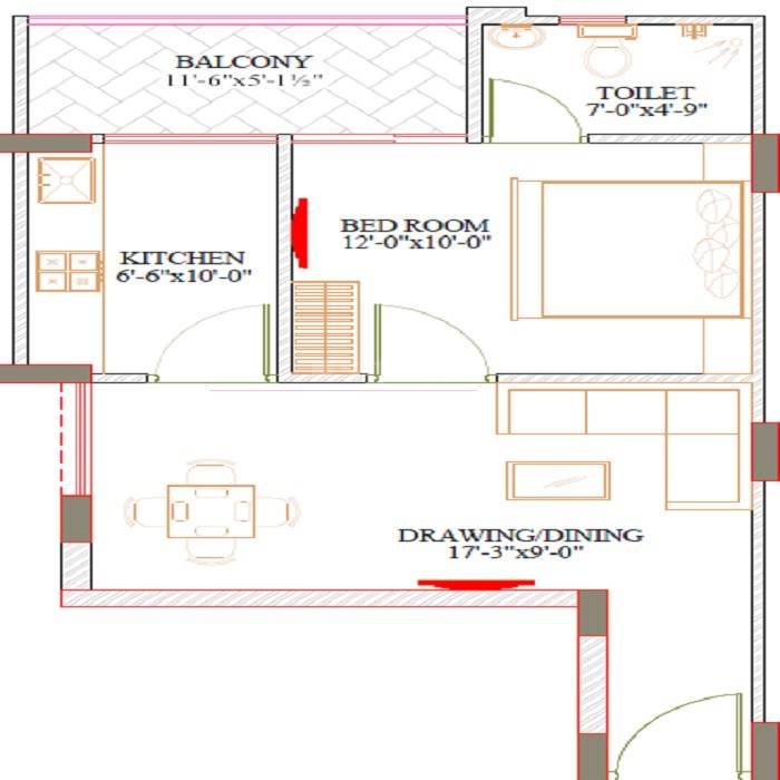 Floor plan of 1 BHK Apartment - 417 sq. ft. in Ruheen Regal, Jaipur