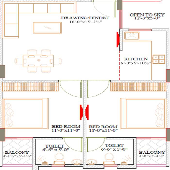 Floor plan of 2 BHK Apartment - 639 sq. ft. in Ruheen Regal, Jaipur