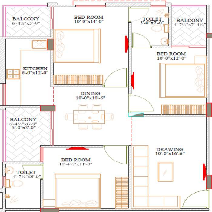 Floor plan of 3 BHK Apartment - 835 sq. ft. in Ruheen Regal, Jaipur