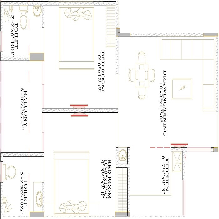 Floor plan of 2 BHK 673 Sq. Ft. Apartment in Ruheen Saar, Jaipur