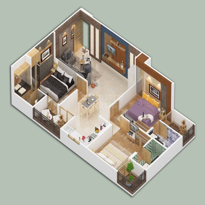 Floor plan of 3 BHK 894 Sq. Ft. Apartment in Ruheen Saar, Jaipur