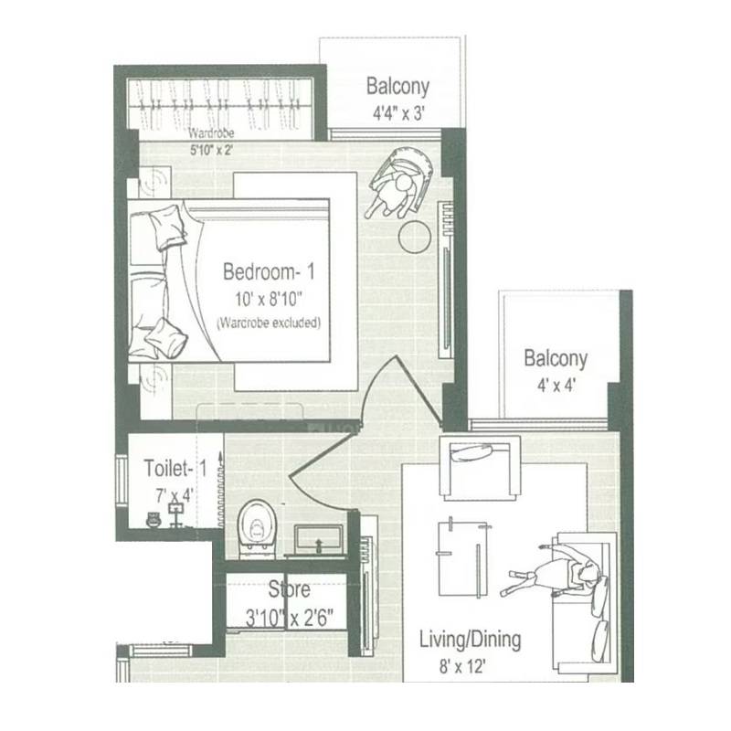 Floor plan of 1 BHK 269 Sq. Ft. Apartment in Samanvay Aasra, Jaipur