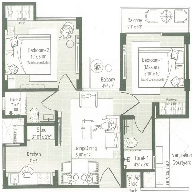Floor plan of 2 BHK 385 Sq. Ft. Apartment in Samanvay Aasra, Jaipur