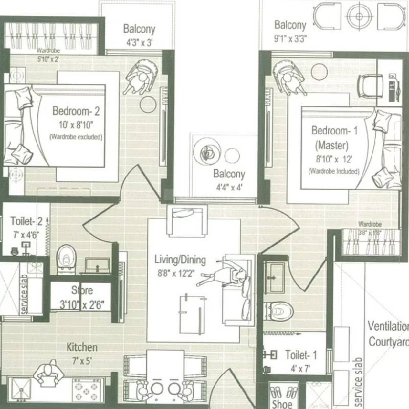 Floor plan of 2 BHK 414 Sq. Ft. Apartment in Samanvay Aasra, Jaipur