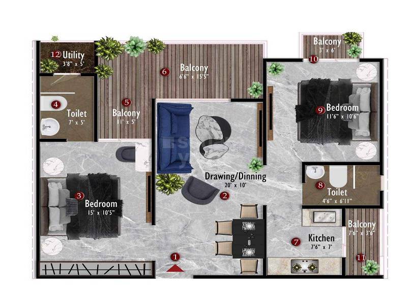 Floor plan of 2 BHK 954 Sq. Ft. Apartment in Samanvay The Amelias, Jaipur
