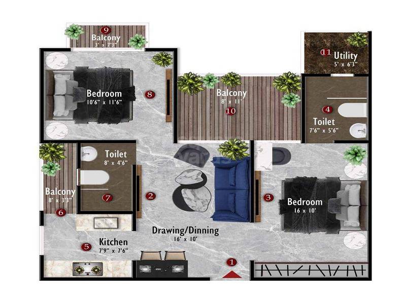 Floor plan of 2 BHK 1080 Sq. Ft. Apartment in Samanvay The Amelias, Jaipur