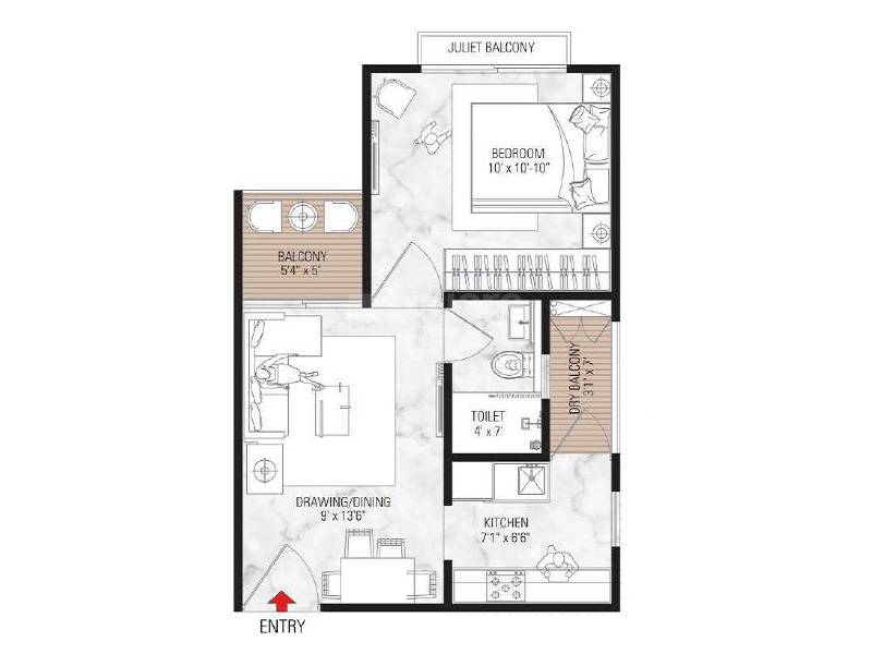 Floor plan of 1 BHK 503 Sq. Ft. Apartment in Samanvay The New Door, Jaipur