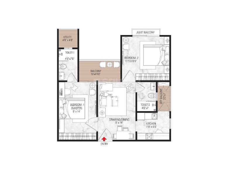 Floor plan of 2 BHK 726 Sq. Ft. Apartment in Samanvay The New Door, Jaipur