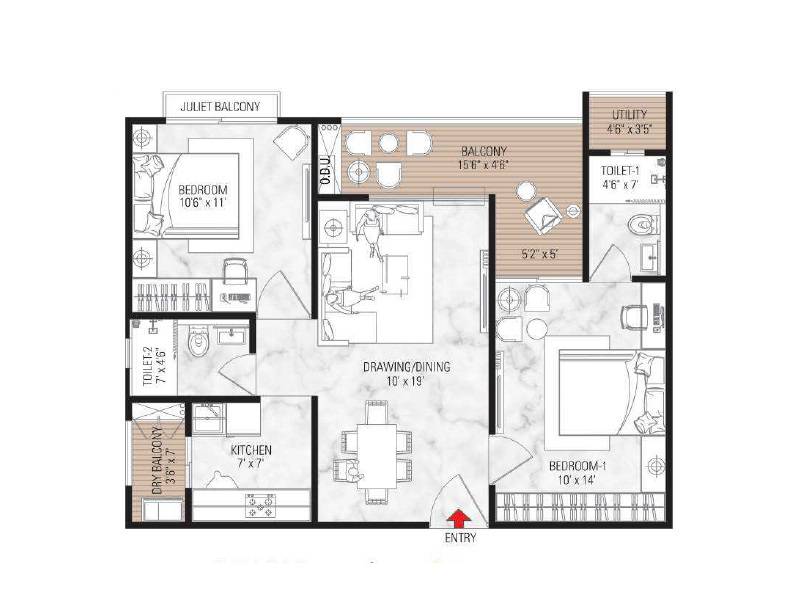 Floor plan of 2 BHK 836 Sq. Ft. Apartment in Samanvay The New Door, Jaipur