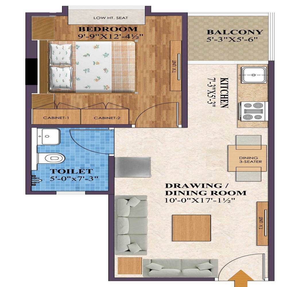 Floor plan of 1 BHK Apartment - 386 sq. ft. in Sankalp Alexa Homes, Jaipur