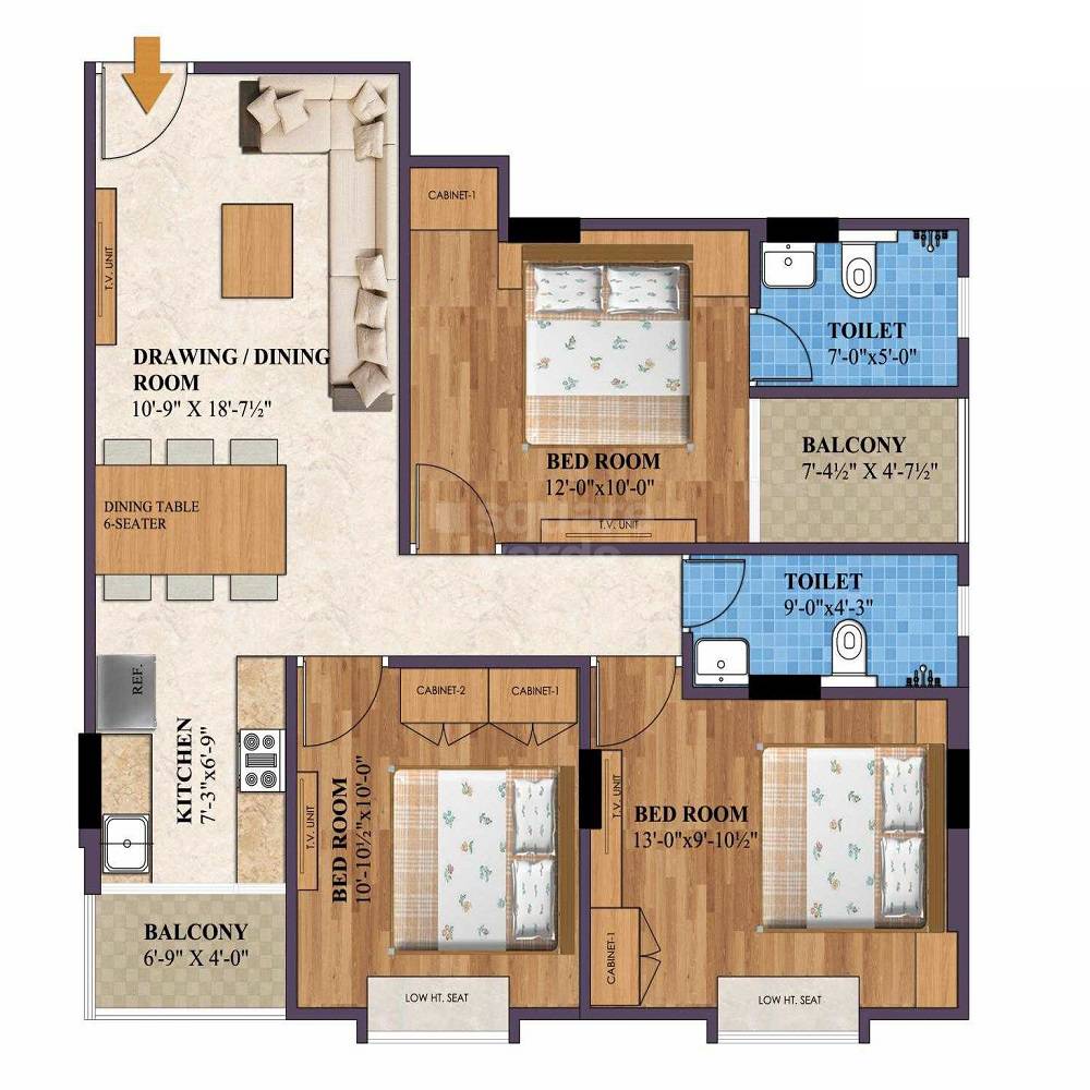 Floor plan of 3 BHK Apartment - 760 sq. ft. in Sankalp Alexa Homes, Jaipur