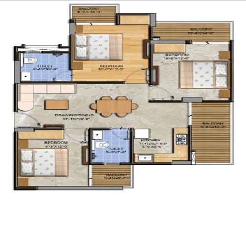 Floor plan of 3 BHK 646 Sq. Ft. Apartment in Sankalp Tatvam, Jaipur